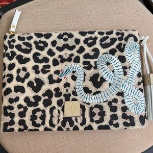 India Hicks Leopard Print Clutch with Blue Snake Embroidery